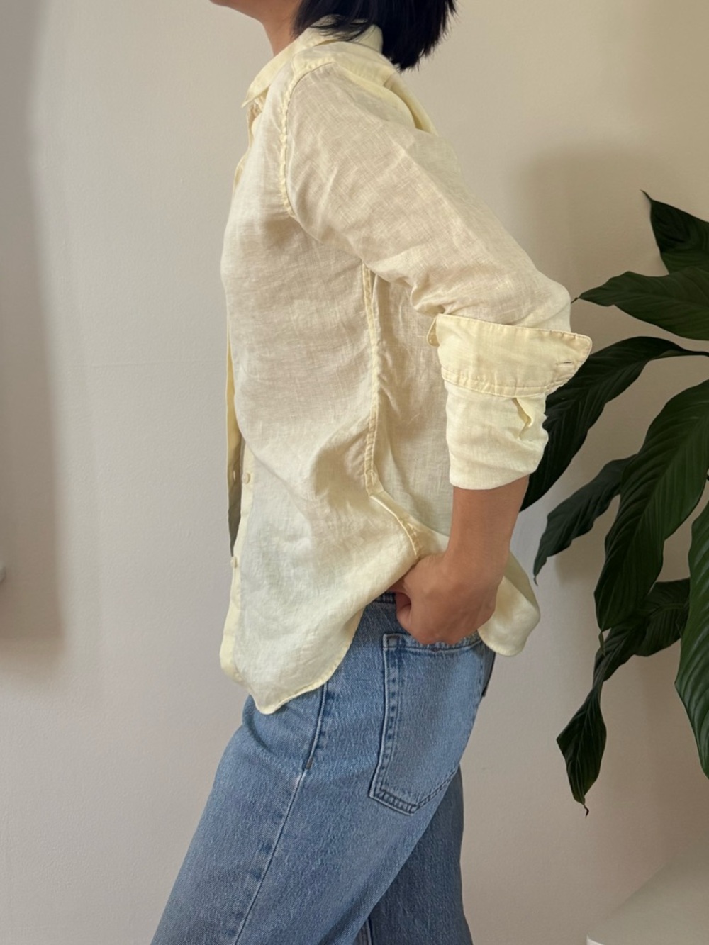 Uniqlo 100% Linen Button Up Long Sleeve Minimalist Preppy Yellow Shirts Size XS - Picture 6 of 11